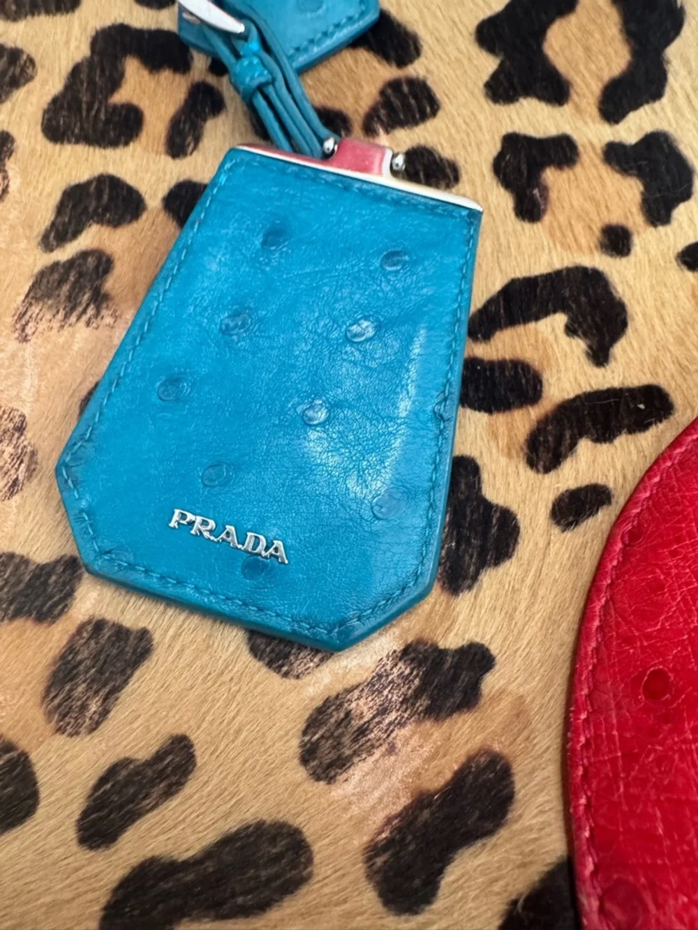 Prada Leopard Haircalf Tote Bag + Wallet Set Teal Red Rare Colorblock Authentic - Picture 13 of 14